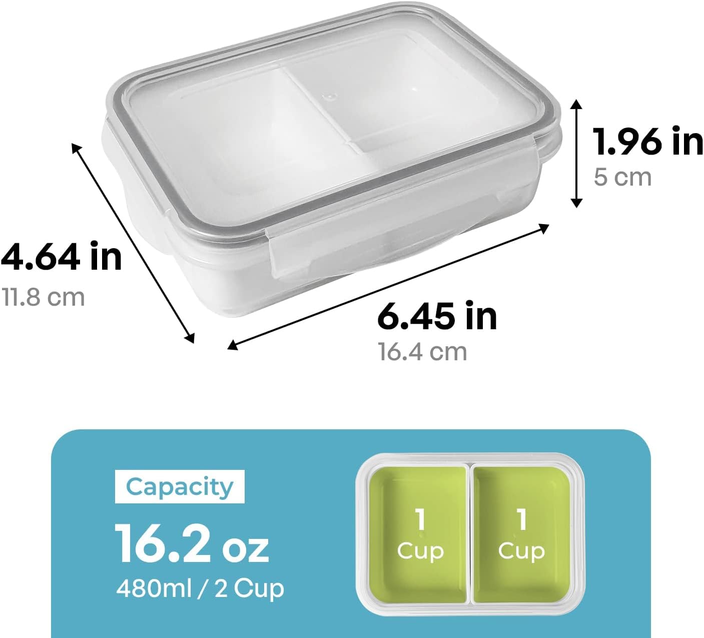 carrotez Food Storage Containers with 3 Removable Compartments, Food Prep Container with Airtight Lids, Portion Control Container, Microwave Safe, Reusable, 4.64 Cup (1100ml)