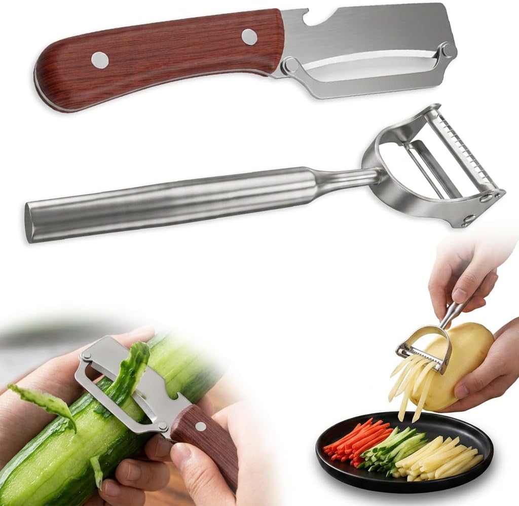 2 Pcs Multifunctional Vegetable Peeler,For Kitchen Stainless Steel Cutter Set With Wood Handle Bottle Opener Y Shaped Julienne Tool,For Potato Apple Pineapple Fruit Gadgets