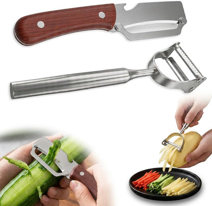 2 Pcs Multifunctional Vegetable Peeler,For Kitchen Stainless Steel Cutter Set With Wood Handle Bottle Opener Y Shaped Julienne Tool,For Potato Apple Pineapple Fruit Gadgets