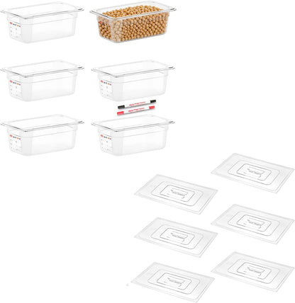 6 -Pack 1/4 Size 4" Deep Polycarbonate Food Pans, and Handled Lids Bundle