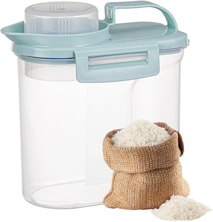 5.5lbs Clear Food Dispenser Container - Airtight Rice Storage Barrel With Handle And Dustproof Measuring Cup, Large Capacity Bin For Soybeans, Grains, Oats, Flour, Lentils, Pasta, Pet Food