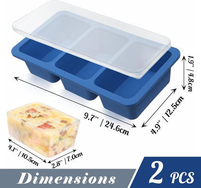 Koluti 2-Pack Nonstick Silicone 3 Soup Freezer Mold, 1-Cup Large Sauce Ice Tray with Plastic Lid, Stackable Freezing Maker Meal Prep Food Storage Container, Dishwasher Safe & BPA Free