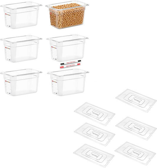 6 -Pack 1/4 Size 6" Deep Polycarbonate Food Pans, and Handled & Notched Lids Bundle