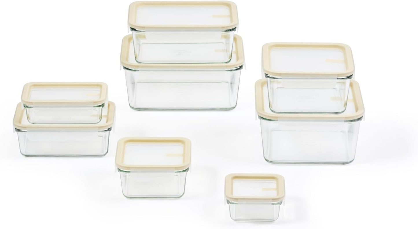 Glasslock Sens 16Pcs Glass Food Storage Set – Airtight & Leakproof, 8 Different Sizes, Anti Slip Lid, Microwave & Oven Safe, Perfect for Meal prep, Lunch Box, Nestable & Stackable, Pantry Storage