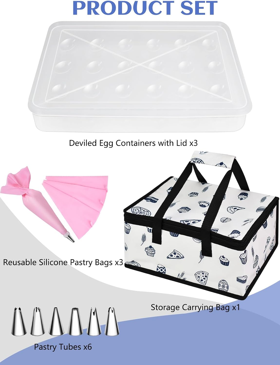 Artcome 2 PC Deviled Egg Storage Containers with Lids, Travel Carrying Bag & Pastry Decorating Kit - Stackable Egg Holder, Portable Platter for Parties, Easter, Picnics and Travel - PP Material