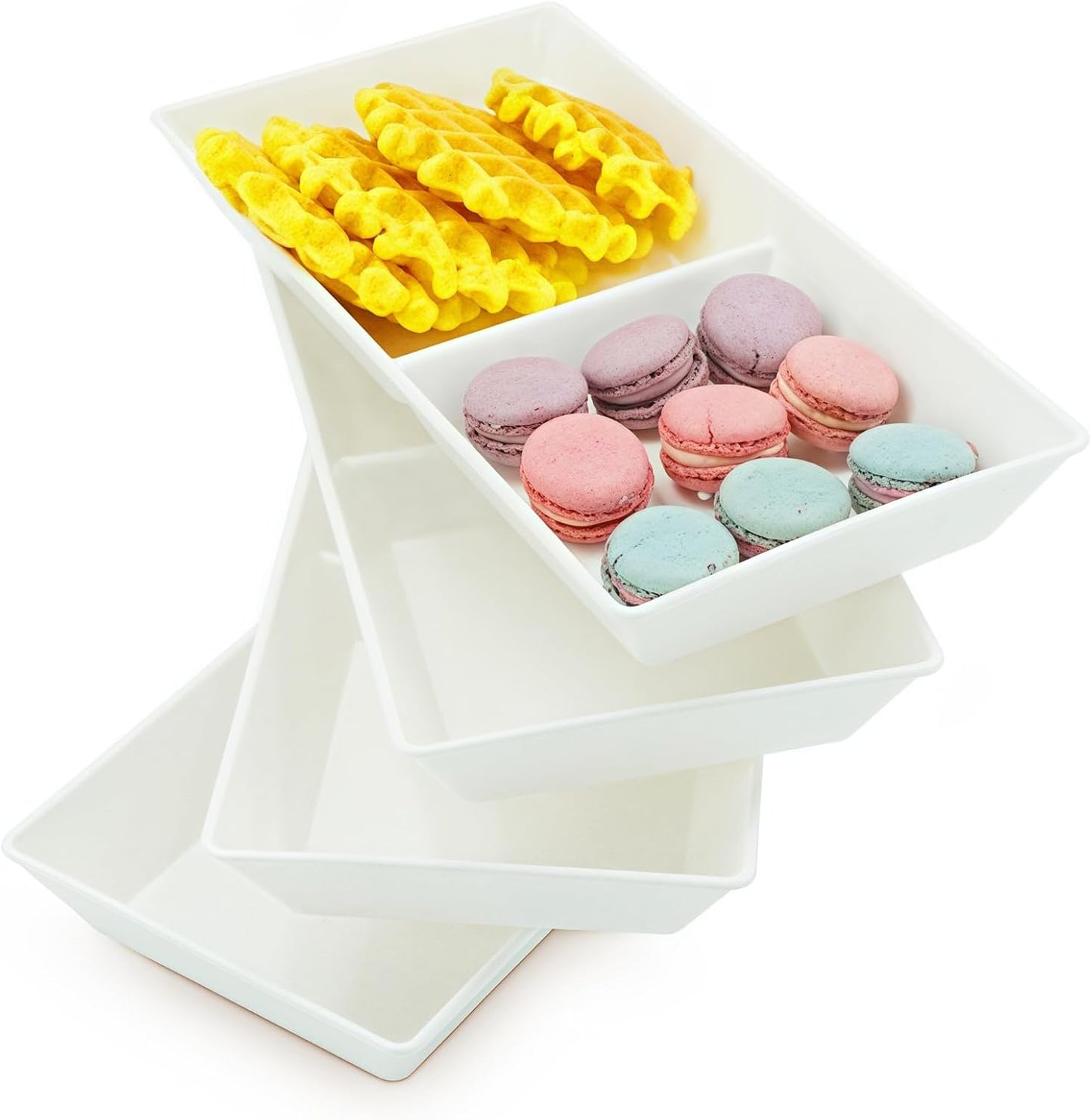 Divided Serving Tray Platter, 4 Pack 15" x 10" Fruit Veggie Food Tray for Party, Plastic Serving Trays for Appetizer, Snack, Dessert, Cookie, Brunch Decorations Platters, White Trays BPA-Free