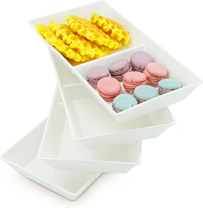 Divided Serving Tray Platter, 4 Pack 15" x 10" Fruit Veggie Food Tray for Party, Plastic Serving Trays for Appetizer, Snack, Dessert, Cookie, Brunch Decorations Platters, White Trays BPA-Free