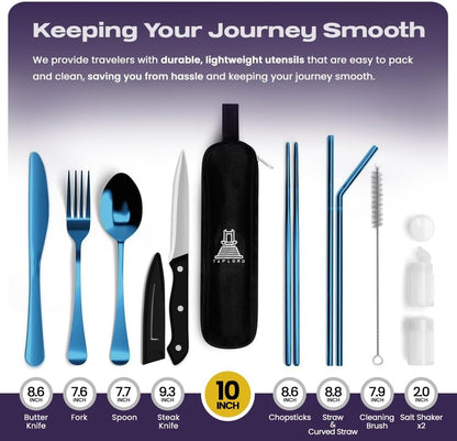 Taplord Portable Travel Silverware Set With Case, Includes 10 Pcs of Travel Utensils With Case, Stainless Steel Flatware Set For Camping, Lightweight (Multi-Color)