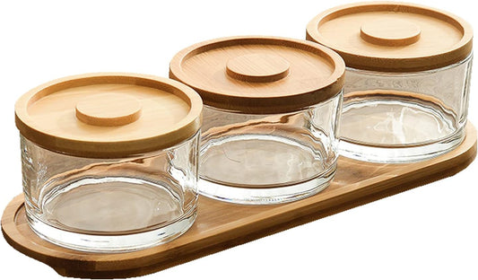 Chip and Dip Serving Set with Bamboo Tray, Snack Candy Fruit Nut Serving Platter, Small Glass Dipping Serving Bowls with Lids for Condiments, Side Dishes, Pre, Dessert, Salsa (3 Slots)