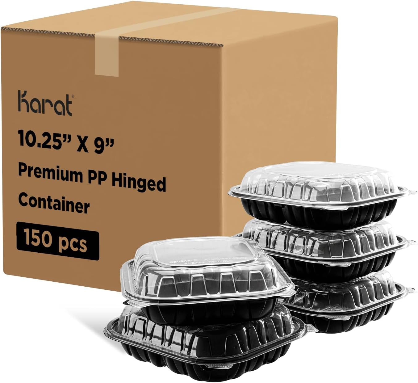 Karat Premium PP Hinged Container [150 ct], Take Out Food Containers - Case (9"x9", 3 compartments)