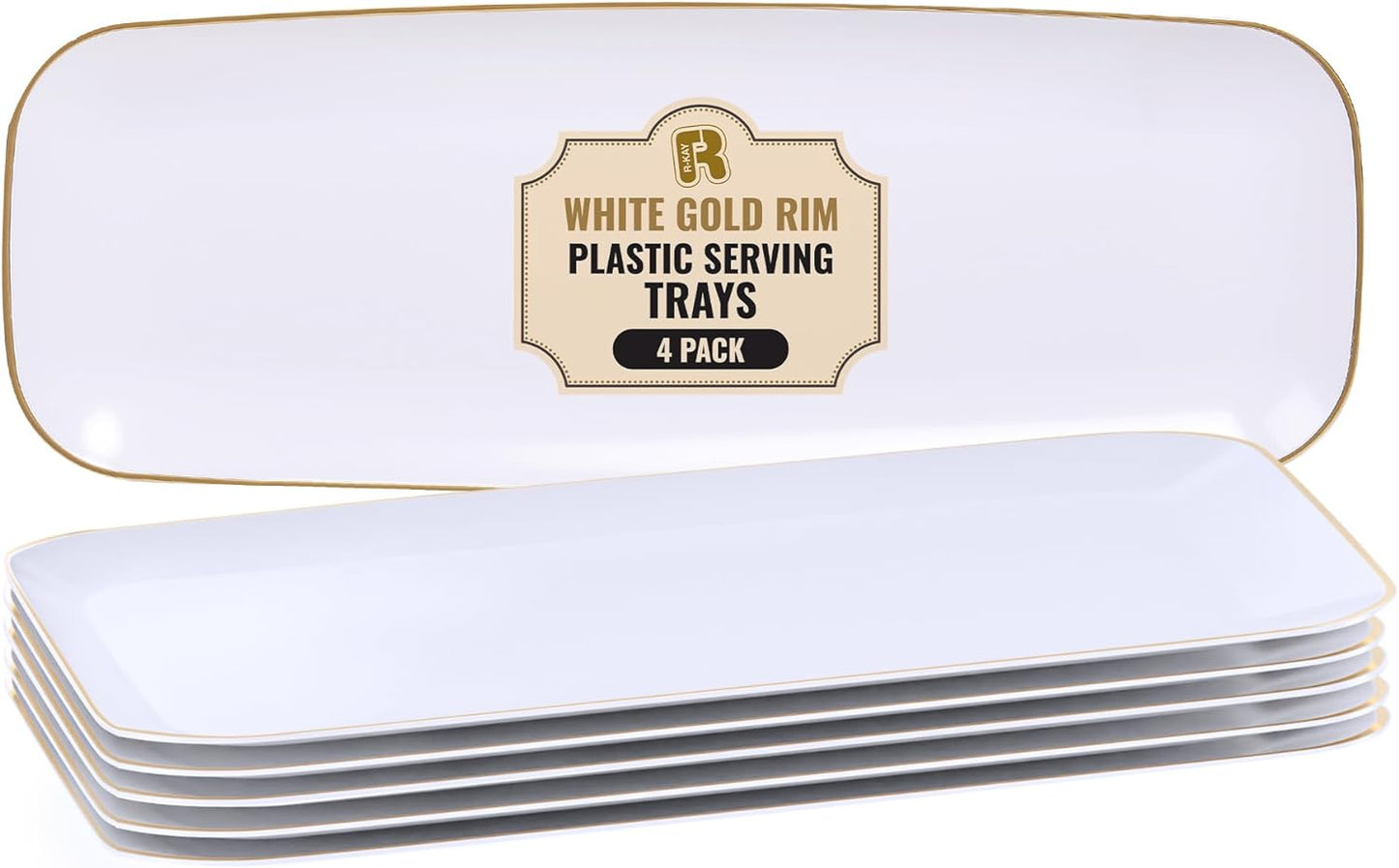R-kay 4 Pack White Plastic Serving Trays for Party - White Serving Tray 17 by 6.5 in - Rectangular Heavy Duty Dessert Trays for Food