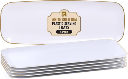 R-kay 4 Pack White Plastic Serving Trays for Party - White Serving Tray 17 by 6.5 in - Rectangular Heavy Duty Dessert Trays for Food