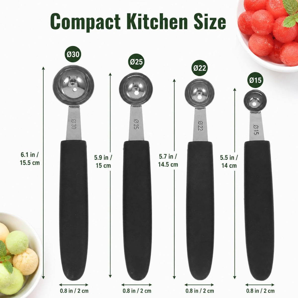 4 Pack Melon Baller Scoop Set, Stainless Steel Fruit Scoopers