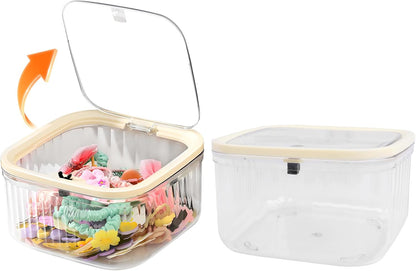 THMINS Hair Accessories Organizer for Girls,Small Plastic Storage Box with Lid for Kids Hair Clips,Ties,Bows&Jewelry,Stackable Dust-Proof Flip Top Container,Desktop Organizer(Clear)