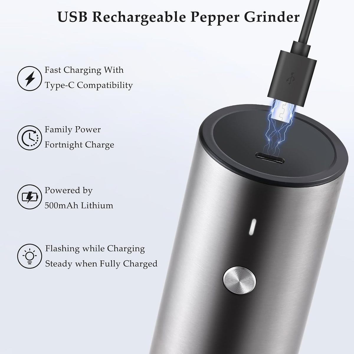 Electric Salt and Pepper Grinder Set, USB Rechargeable, Automatic Salt and Pepper Mill Grinder with Adjustable Coarseness, Electric Salt Shakers, LED Light, Refillable (2 Packs, Greige)