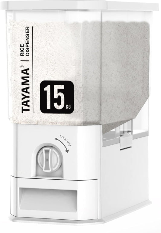 TAYAMA 55 lbs. Capacity Rice Dispenser Grain Storage Container,White