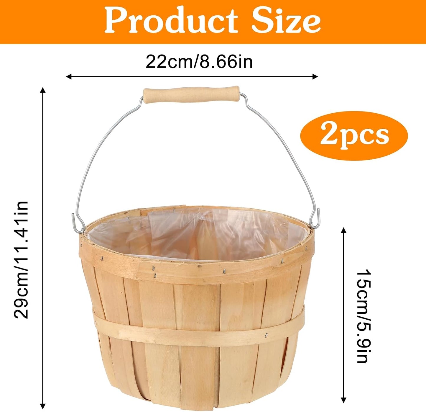 COMNICO 2 Pack Round Wooden Baskets, Handwoven Empty Wood Fruit Buckets with Metal Handle Natural Color Easter Basket for Garden Home Party Market Supplies