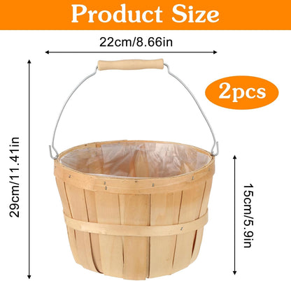 COMNICO 2 Pack Round Wooden Baskets, Handwoven Empty Wood Fruit Buckets with Metal Handle Natural Color Easter Basket for Garden Home Party Market Supplies