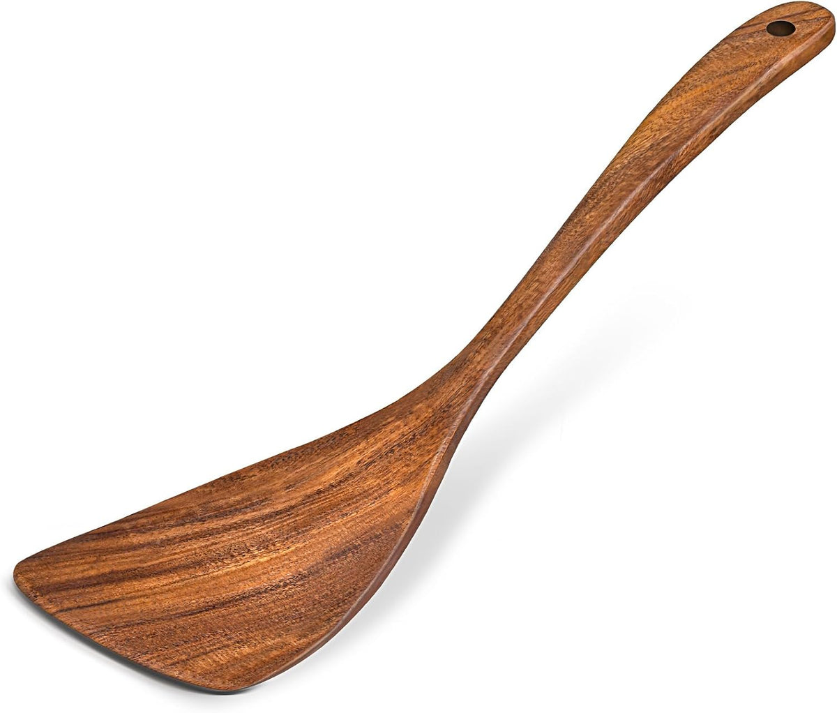 Wooden Spatula, Acacia Solid & Slotted Turner Spatula Set, Long Handle Flat Frying Spatulas, Ideal Kitchen Gift for Mother and Grandma, Kitchen Utensils Set for Cooking, Frying, Baking