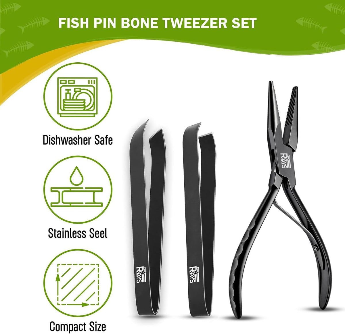 Fish Bone Pliers/Tweezers – Serrated Jaw Plier + Flat & Slant Tweezers | Stainless Steel Pin Bone Remover & Deboning Tools for Salmon, Trout & All Seafood