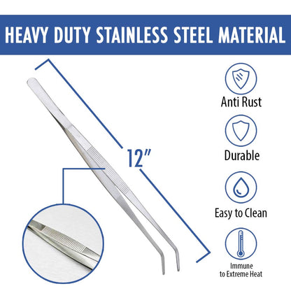 12 Inch Kitchen Long Tweezers Tongs, Cooking Tweezers Stainless Steel, Ideal for Meat Pasta Plating Pinching Delicate Small Pieces of Food