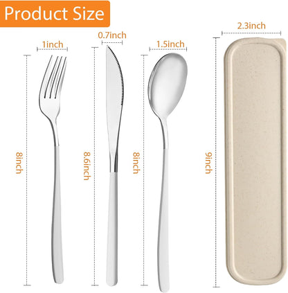 Travel Utensils with Case, 2 Sets Reusable Utensils Set with Case, Camping Utensil Set, Portable Silverware Lunch Utensils Set for Work Camping School(Beige, Pink)