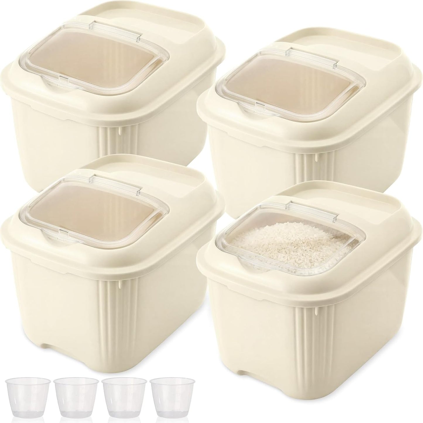 Blushtier 4 Pack Sugar Storage Containers Flour Bin with Wheels Large Pet Dog Food Storage Boxes Measuring Cup Sealed Transparent Flip Lid Portable Household Rice Container Set(20 Lbs)