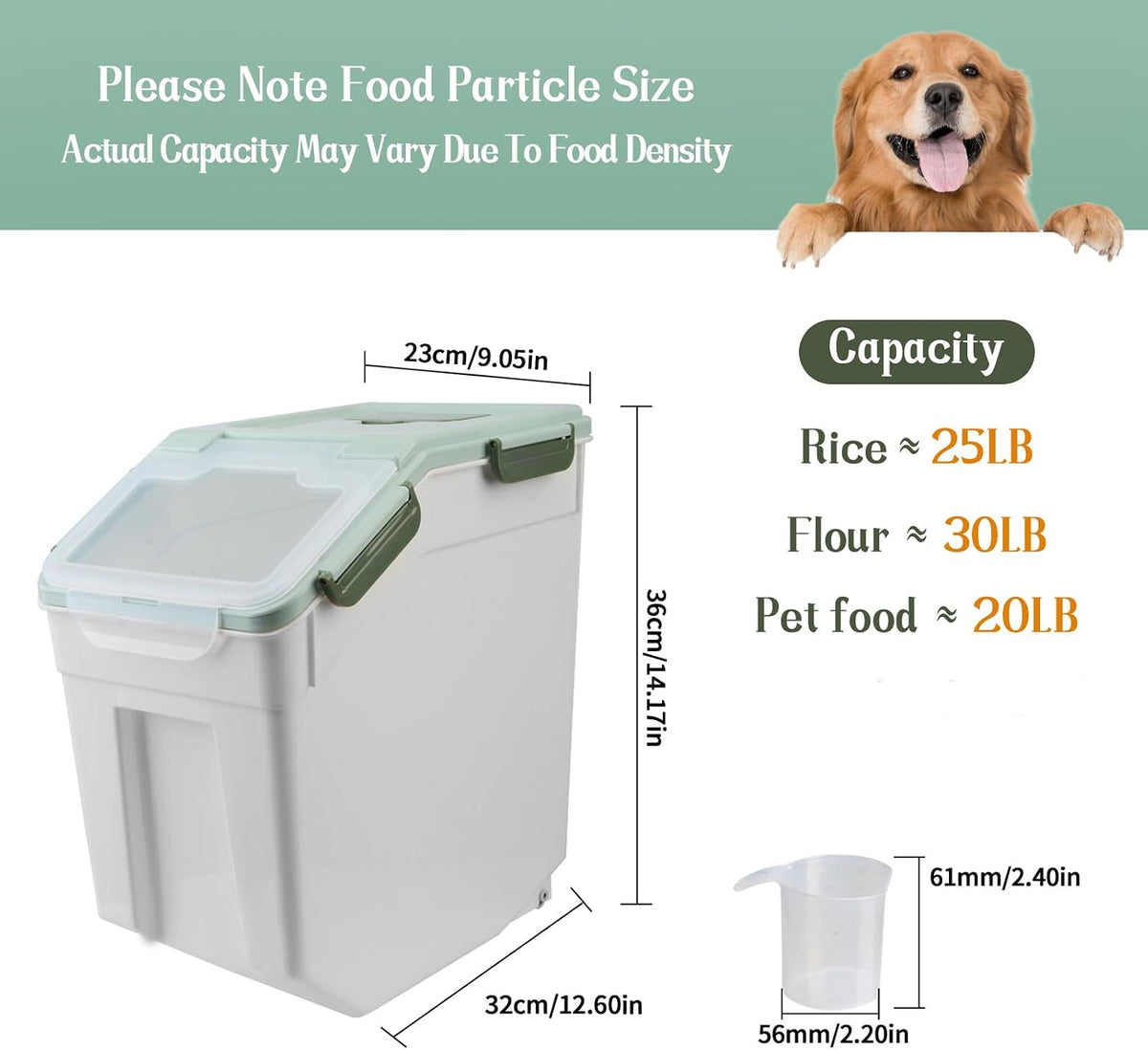 Large Flour Storage Container Bin 25lb, 2Pack Airtight Rice Storage Containers with Wheels Seal Locking Lid, BPA Free with Measuring Cup&Scoop for Flour, Rice, Grain(Green)