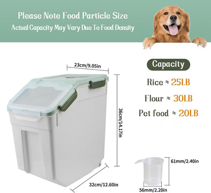 Large Flour Storage Container Bin 25lb, 2Pack Airtight Rice Storage Containers with Wheels Seal Locking Lid, BPA Free with Measuring Cup&Scoop for Flour, Rice, Grain(Green)