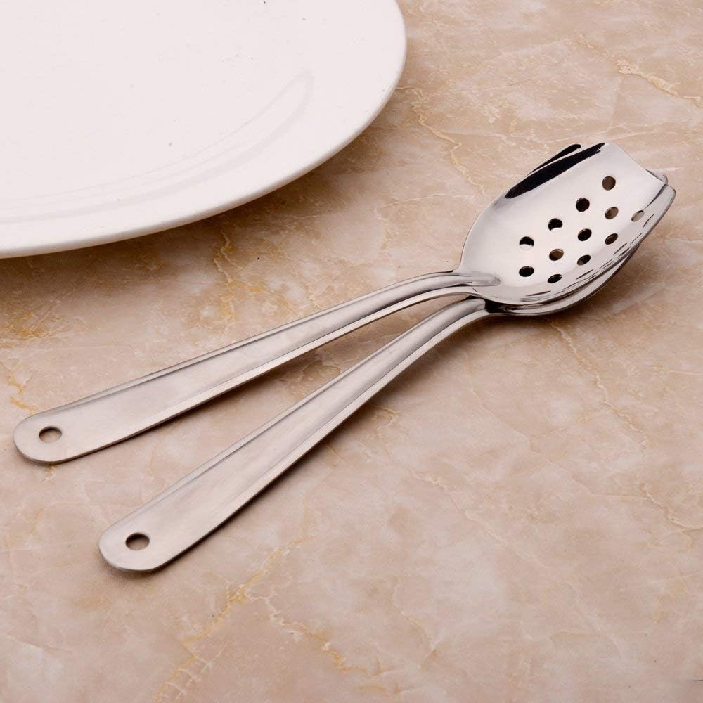 IMEEA 10 Inch Flat Bottom Scraping Cooking Spoon Set of 2, 18/8 Stainless Steel Slotted & Solid Stirring Spoon, Flat Edge Kitchen Spoon for Stir Fry, Sauce, Soup, Instant Pot