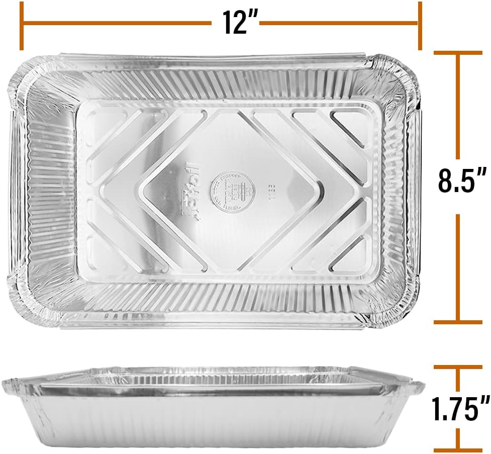PARTY BARGAINS 4 lb Aluminum Pans with Board Lids, 50 Pack – 12 x 8 in Disposable Foil Roasting & Steam Table Pans for Catering, Takeout, Meal Prep, Oven Safe up to 240°C