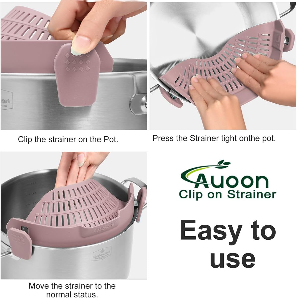 AUOON Clip On Strainer Silicone for All Pots and Pans, Pasta Strainer Clip on Food Strainer for Meat Vegetables Fruit Silicone Kitchen Colander