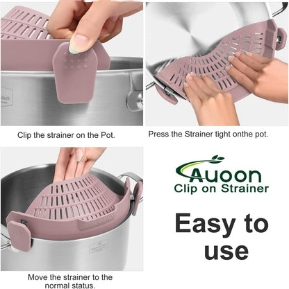 AUOON Clip On Strainer Silicone for All Pots and Pans, Pasta Strainer Clip on Food Strainer for Meat Vegetables Fruit Silicone Kitchen Colander