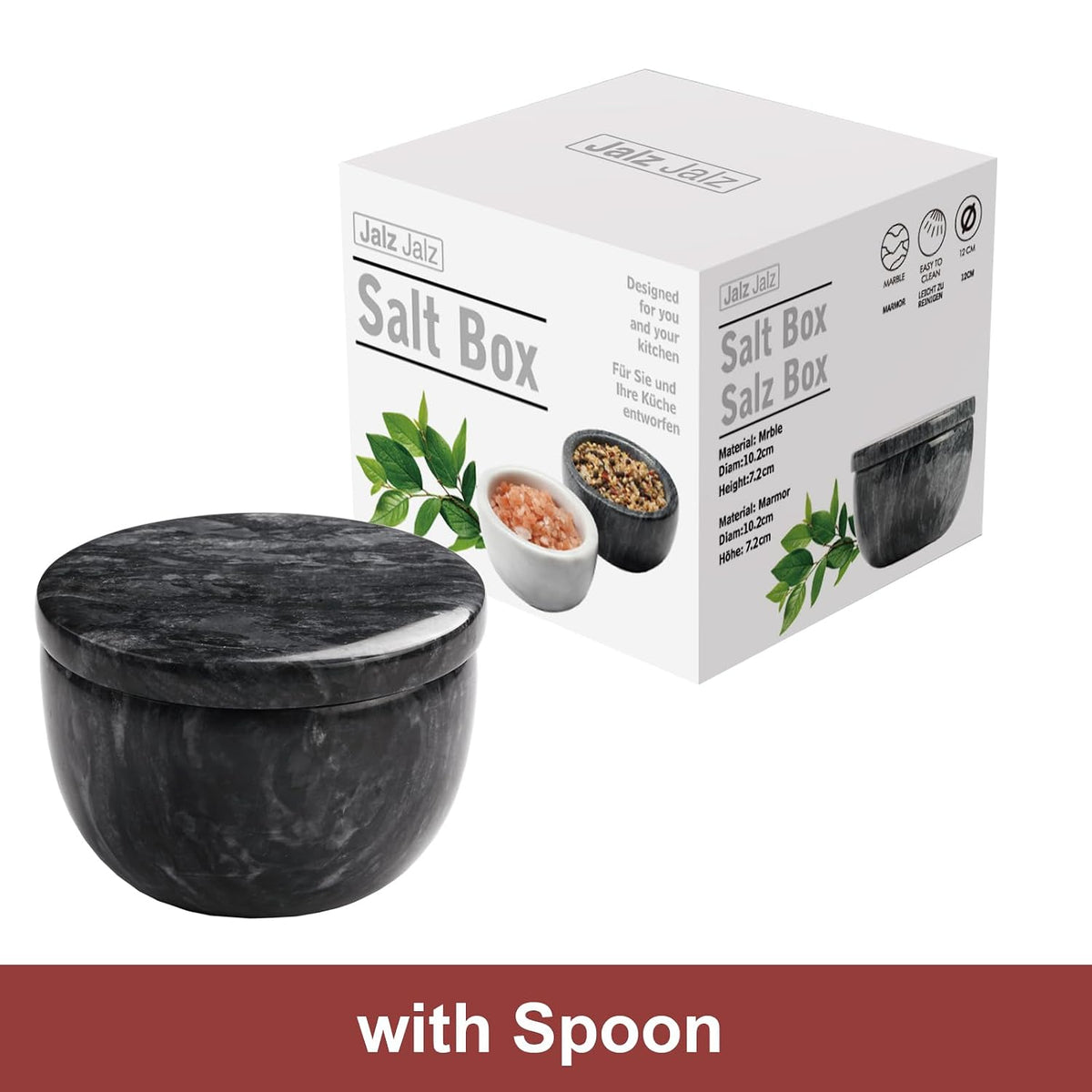jalz jalz Acacia Wood Salt Cellar with white Marble Lid, 10oz Pinch Pot & Spoon
