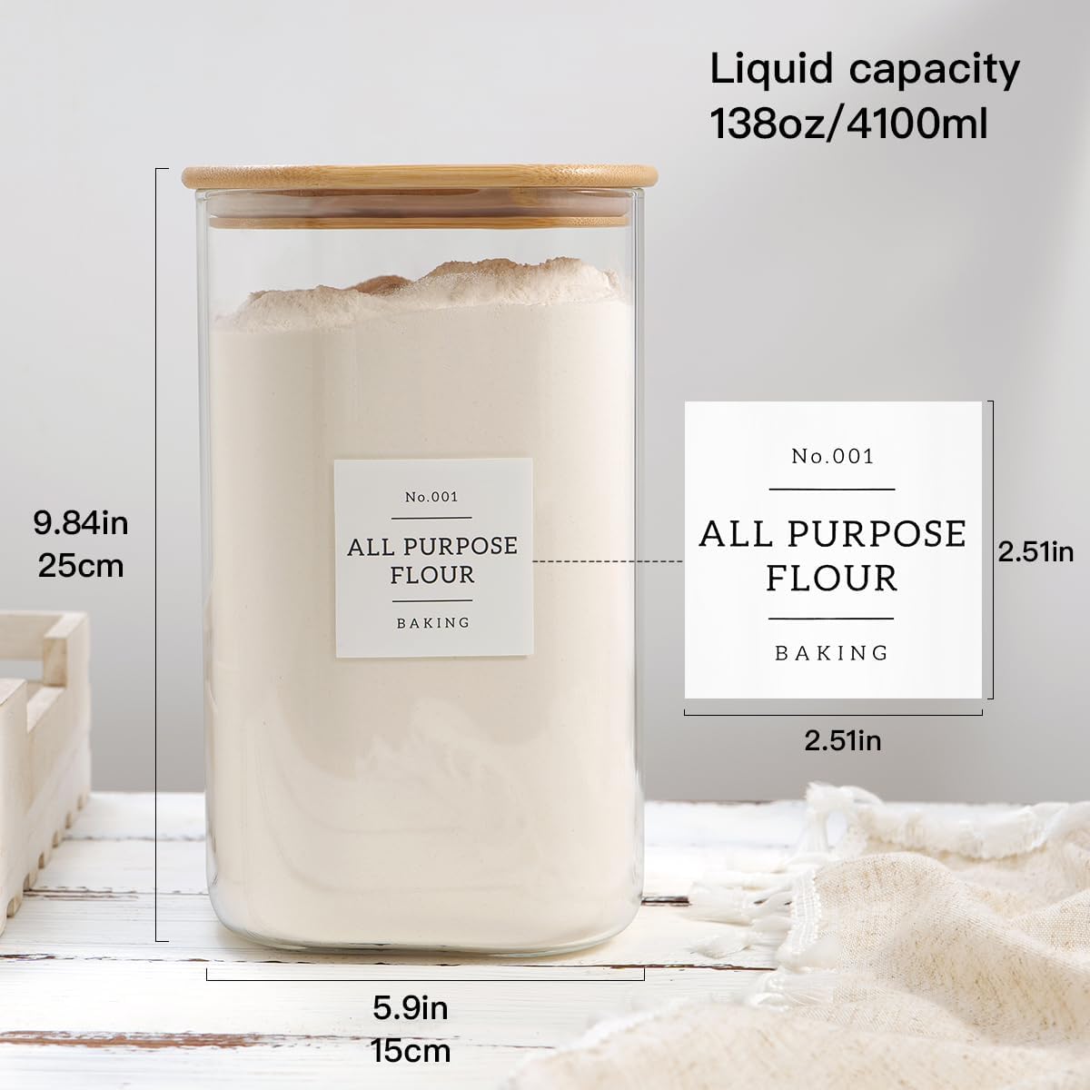 Large glass flour and sugar containers with 132 Kitchen Pantry Labels - 110 oz Glass Food Storage Containers with Airtight Lids - Square Glass Jars with Bamboo Lids for Rice, Pasta, Cookies, grain