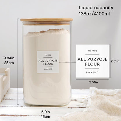 Large glass flour and sugar containers with 132 Kitchen Pantry Labels - 110 oz Glass Food Storage Containers with Airtight Lids - Square Glass Jars with Bamboo Lids for Rice, Pasta, Cookies, grain