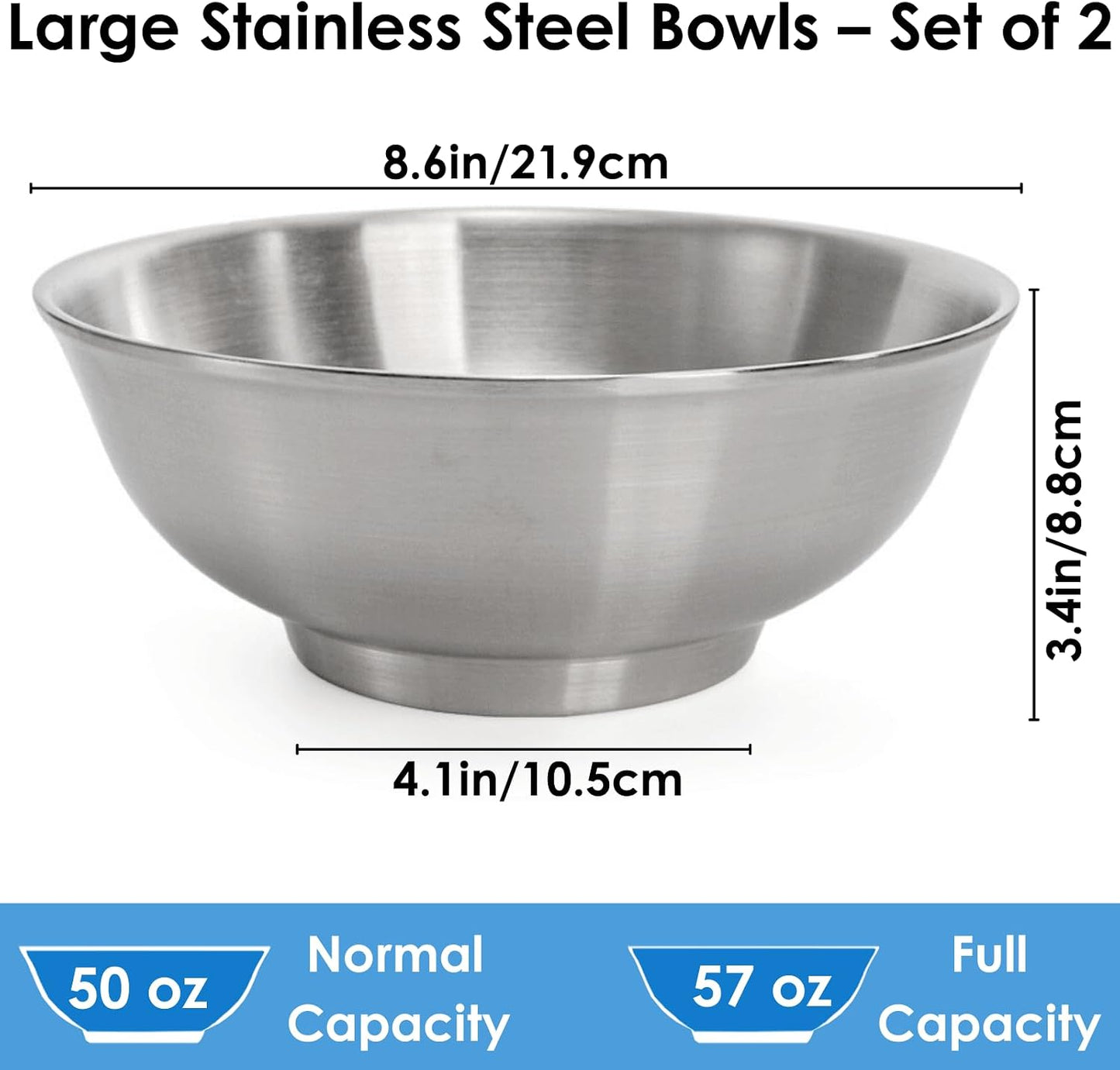 Youeon 2 Pcs 50 Oz Brushed SUS304 Stainless Steel Bowls, Double Wall Insulated Bowls, Large Stainless Steel Soup Bowl for Pasta, Salad, Ramen, 8 Inch Bowl Set for Serving, Dishwasher Safe