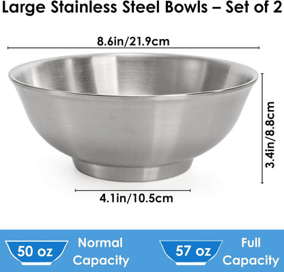 Youeon 2 Pcs 50 Oz Brushed SUS304 Stainless Steel Bowls, Double Wall Insulated Bowls, Large Stainless Steel Soup Bowl for Pasta, Salad, Ramen, 8 Inch Bowl Set for Serving, Dishwasher Safe