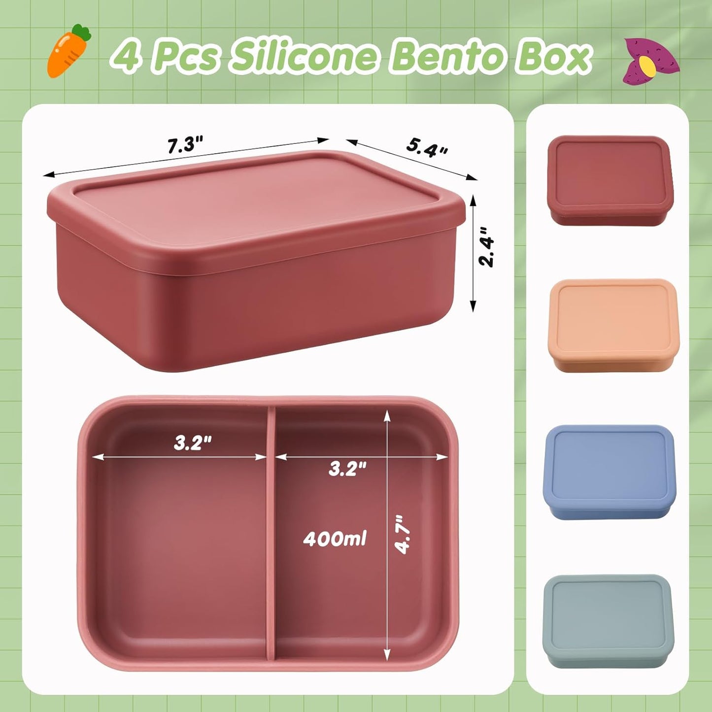 Layhit 4 Pcs Silicone Bento Box for Adults, 27 oz Bento Lunch Container Reusable 3 Compartment Lunchable Food Container for Women Men, Leak Proof Microwave Dishwasher Freezer Safe (Cool Colors)