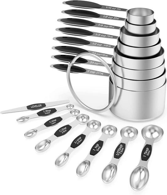 Wildone Measuring Cups and Magnetic Measuring Spoons Set, 16Pcs | 8 Stainless Measuring Cups, 7 Double-sided Magnetic Measuring Spoons & leveler for Spice Jar and Liquid Measuring, Multicolor