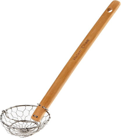 Helen's Asian Kitchen Deep Spider Strainer, 6-Inch Stainless Steel Mesh Basket With Bamboo Handle, For Noodles, Dumplings, Wontons, Deep Frying, And Draining Tasks