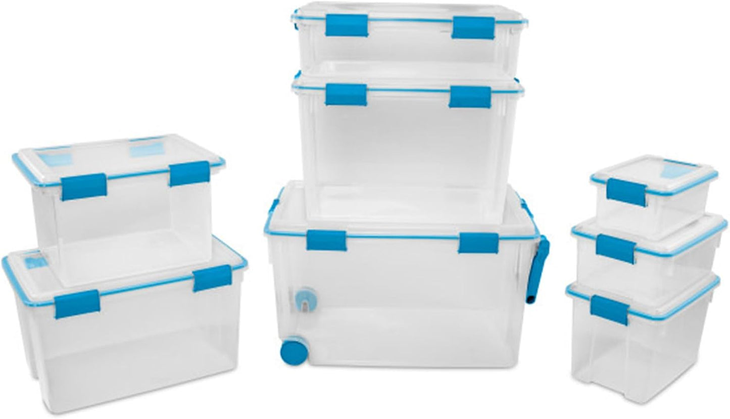 Sterilite 80 Qt Gasket Box, Stackable Storage Bin with Latching Lid and Tight Seal, Plastic Container to Organize Basement, Clear Base and Lid, 1-Pack