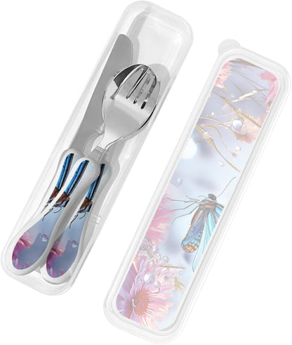 3-Piece Kids Silverware Set With Storage Case, Stainless Steel Reusable Children Safe Knife Spoon Fork Set Black And White Grid Children Flatware Set For Kids Lunch Box