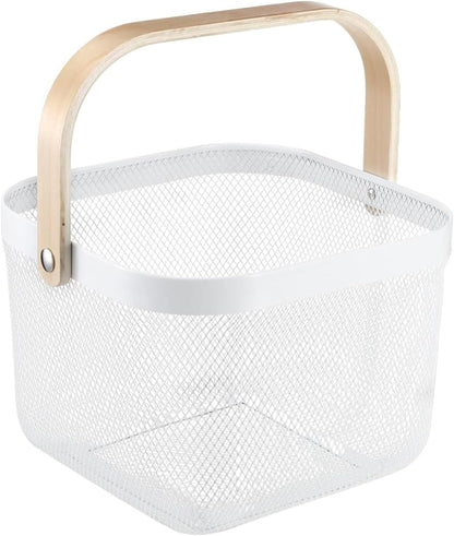 AJIODA Metal Mesh Wire Basket, Large Steel Basket with Wooden Handle Storage Organizer Basket Multi-functional Hanging Kitchen Baskets Fruit Baskets for Kitchen Bathroom Cabinet Pantry Snacks, Black
