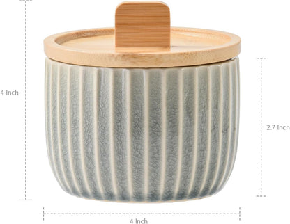 Salt Cellar Keeper with Bamboo Lid, 14oz Big Capacity Ceramic Sugar Bowls Pepper Box, Crackle Glaze Seasoning Container Condiment Pot for Kitchen (Blue Color)