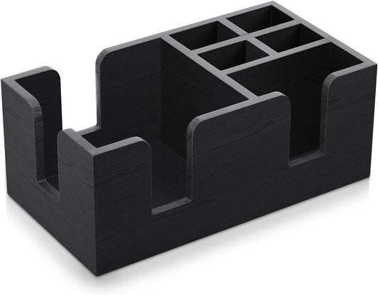 Mifoci Wooden Bar Caddy with 6 Compartments, Acacia Wood Bar Caddy Napkin & Straw Holder Organizer Cocktail Napkin Holder Condiments for Home Office Kitchen Countertop (Brown, 10.6 L x 5.5 W)