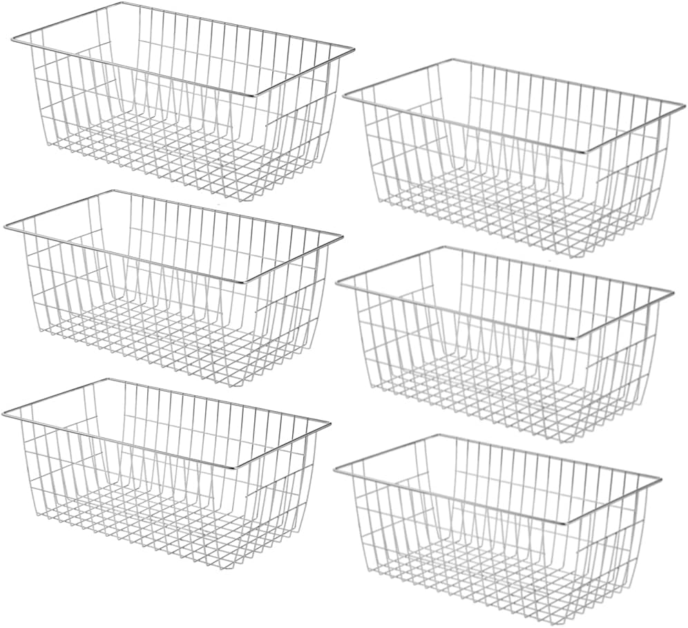 Slideep Wire Baskets Farmhouse Freezer Organizer Storage Bin Basket with Handles, Food Storage for Kitchen Cabinets, Pantry, Closet, Bedroom, Bathroom, Office 3 Pack