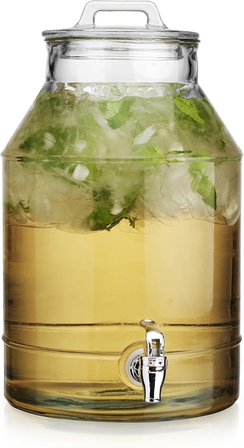 3 Gallon Classic Ice Cold Clear Glass Mason Jug Drink Beverage Dispenser Durable On Galvanized Stand With Leak Free Spigot-Easy Filling For Outdoor, Parties & Daily Use Lid
