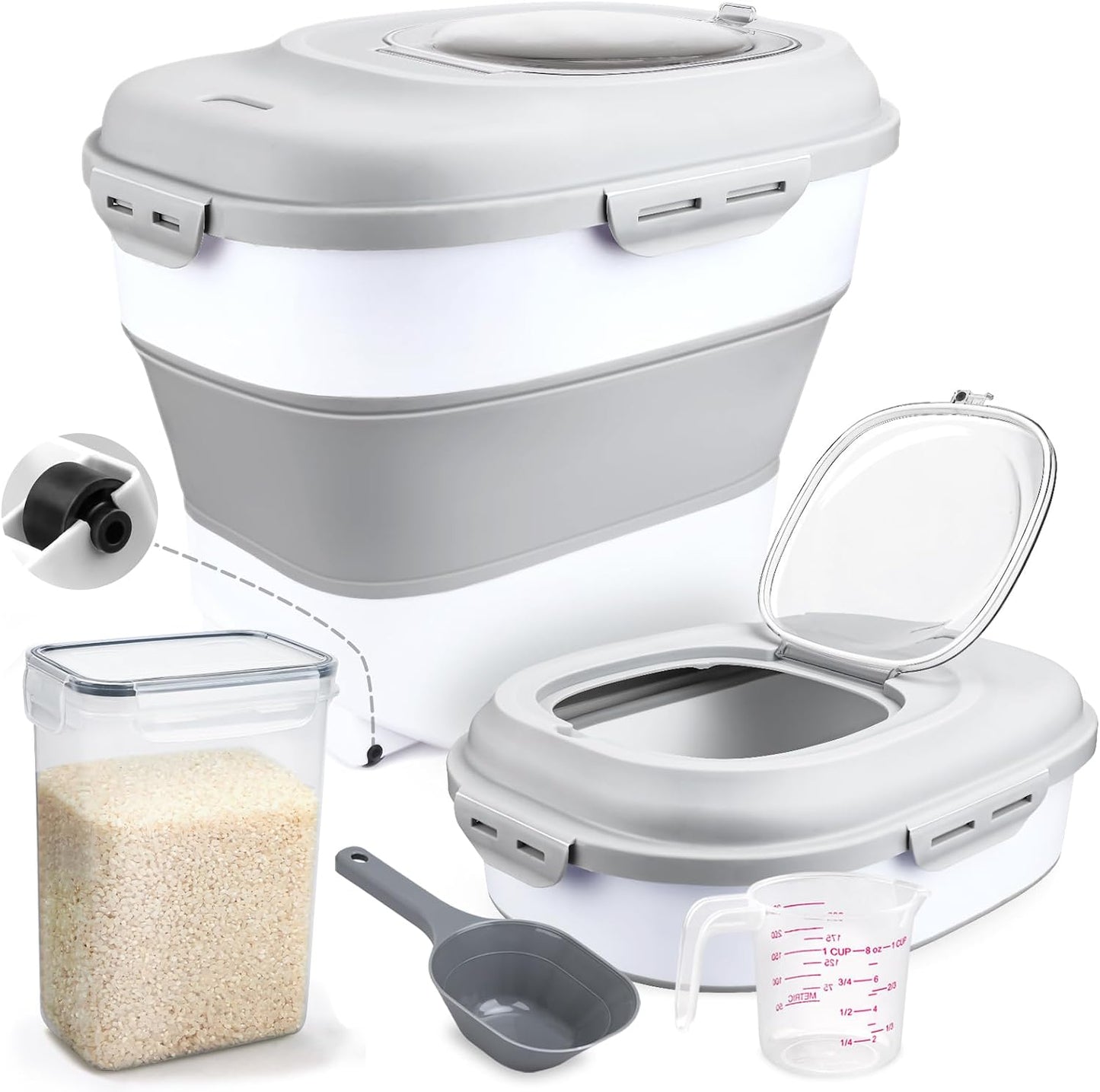 Komzon Rice Storage Bin Cereal Containers, 13-50lb Collapsible Rice Container Dispenser with Transparent Lid, Rolling Wheels, Measuring Cup and Scoop, Airtight Dog Cat Pet Food Storage Container White
