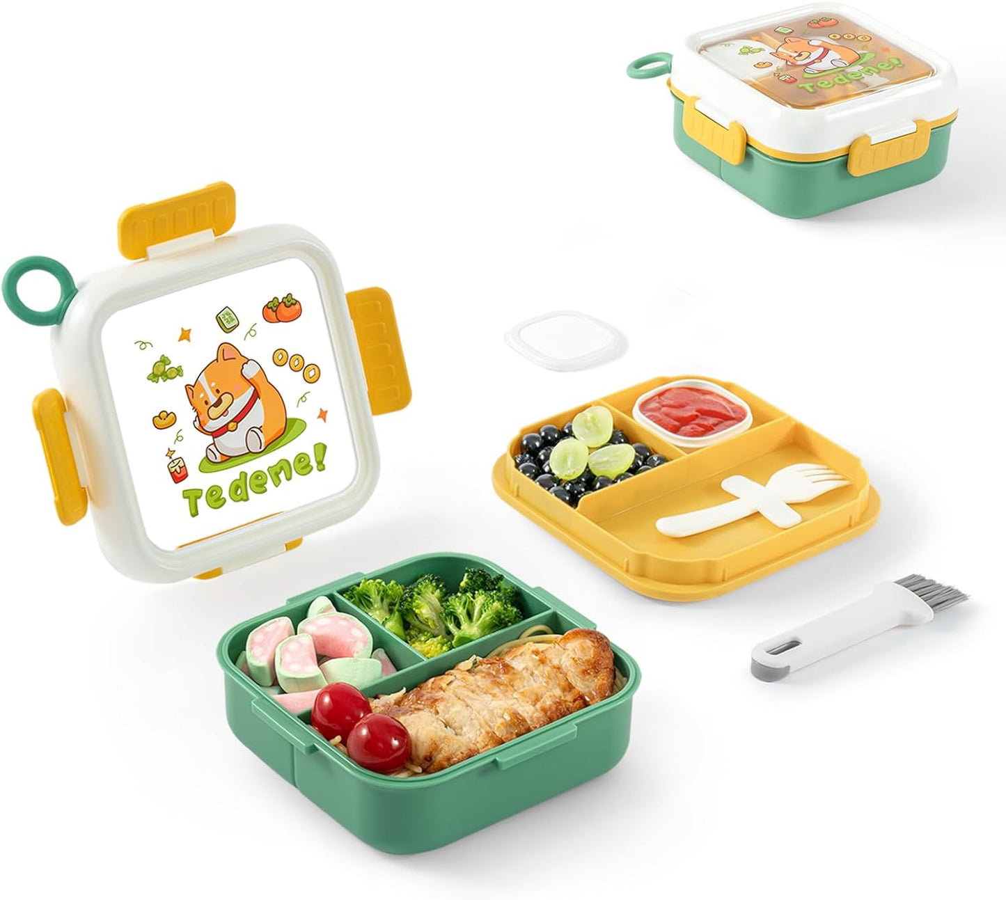 SAYAPE Kids Bento Lunch Box - Toast-Shaped 4-Compartment Lunchable Food Container with Sauce Cup, Utensils & Brush, BPA-Free, Reusable Snack Container with lid, Ideal for School & Travel - Blue